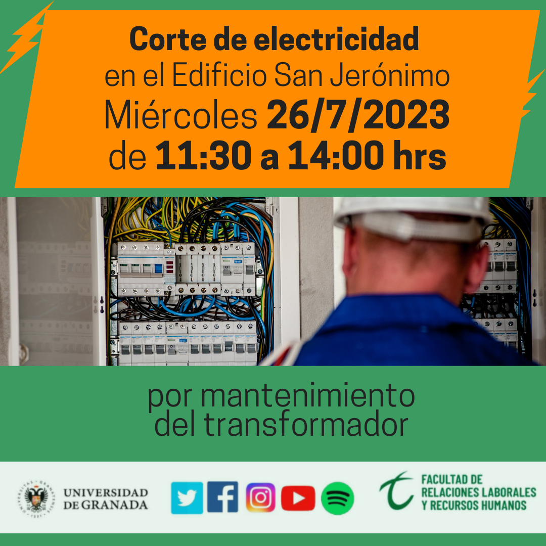 cartel de corte de electricidad con fondo verde y foto de espaldas de un técnico electricista frente a un cuadro eléctrico