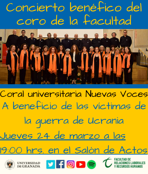 foto coro de la facultad y texto del concierto benéfico 24 de marzo 2022 a las 19 en el salón de actos cartel del concierto benéfico del coro de la facultad
